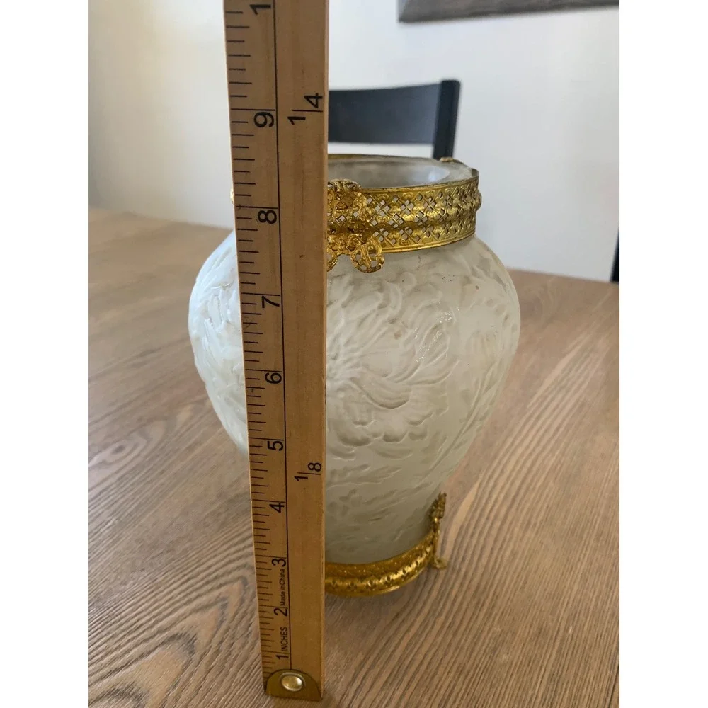 Vintage Art Nouveau Frosted Glass Floral Vase Ornate Brass Filigree Footed Base